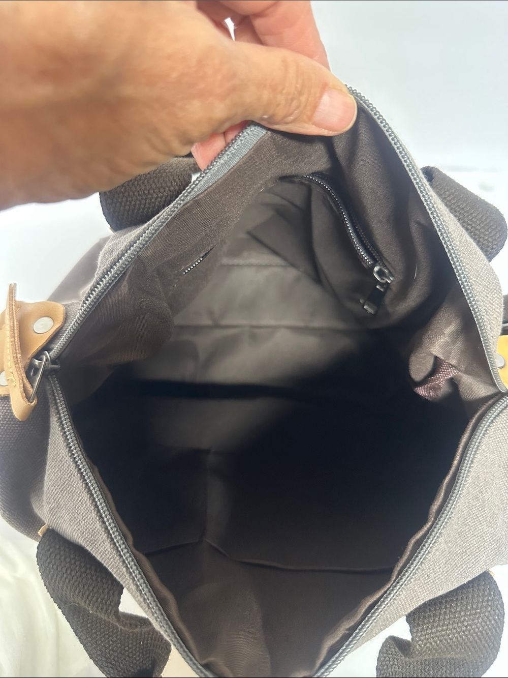 Canvas Messenger Satchel Bag in Gray with Tan Accents - Picture 7 of 8